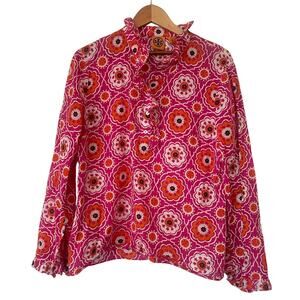 Tory Burch 100% Cotton Pink and Orange Floral Medallion Blouse Top • Size 14